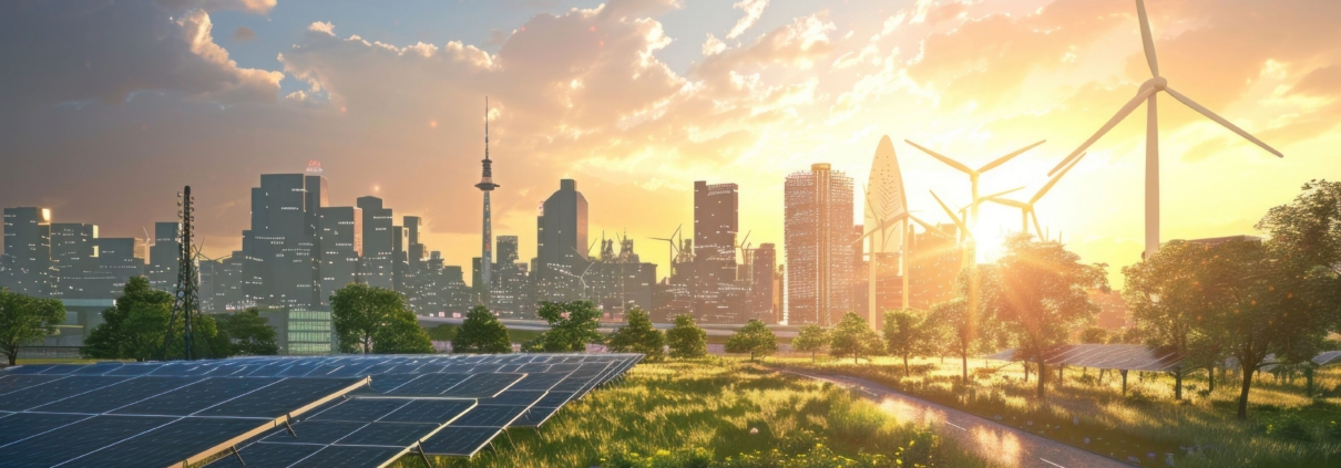 Hero image of an industrial microgrid featuring solar panels, wind turbines, and a city skyline representing distributed energy resources managed by intelligent low-voltage breakers.