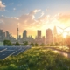 Hero image of an industrial microgrid featuring solar panels, wind turbines, and a city skyline representing distributed energy resources managed by intelligent low-voltage breakers.
