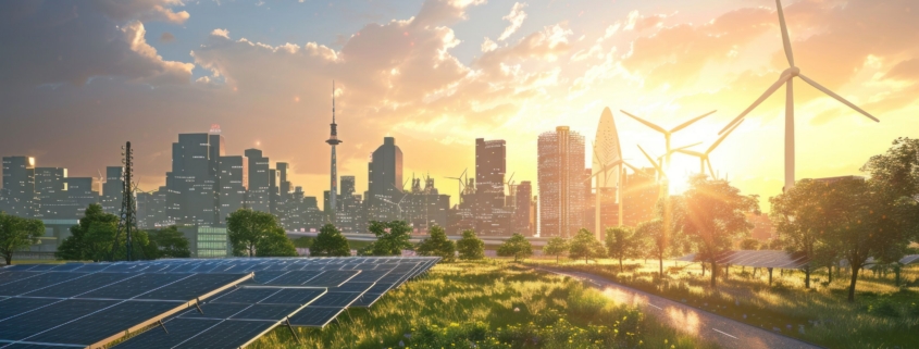 Hero image of an industrial microgrid featuring solar panels, wind turbines, and a city skyline representing distributed energy resources managed by intelligent low-voltage breakers.
