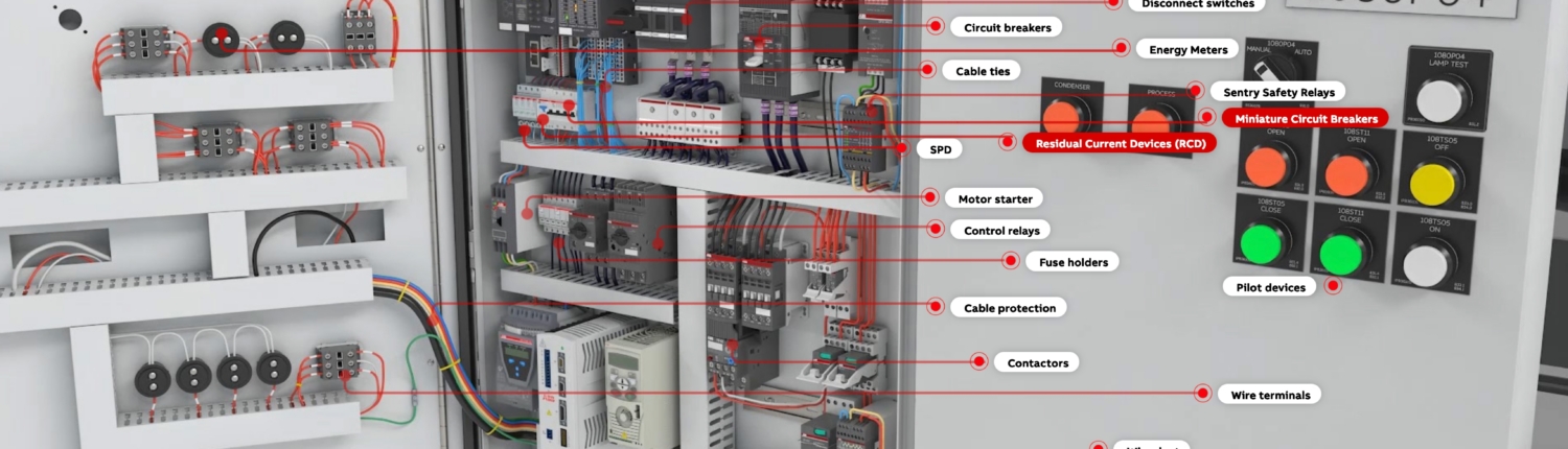 Control Panel Builder ABB electrical control panel components including circuit breakers, contactors, motor starters, disconnect switches, and pilot devices