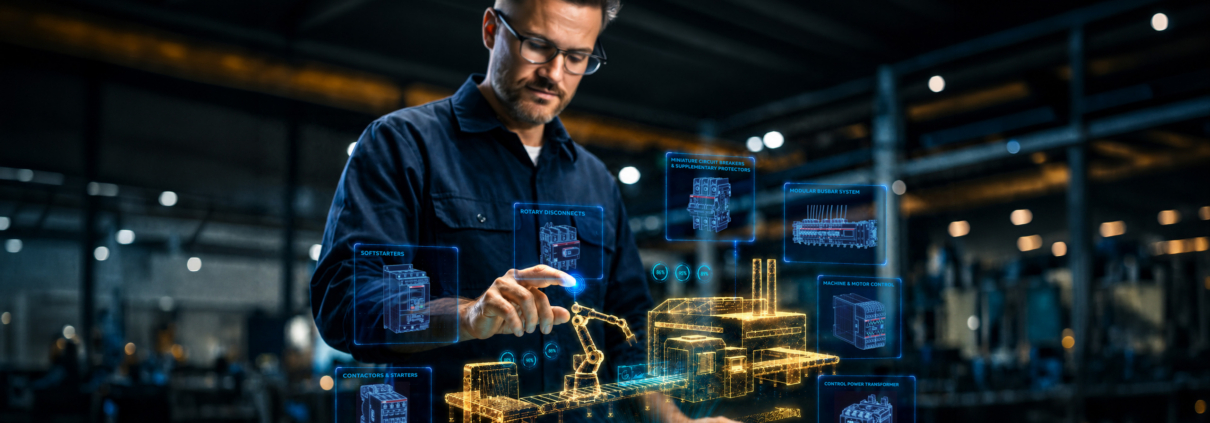 Engineer reviewing AR interface displaying control panel components including contactors, breakers, and busbar systems.