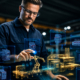Engineer reviewing AR interface displaying control panel components including contactors, breakers, and busbar systems.