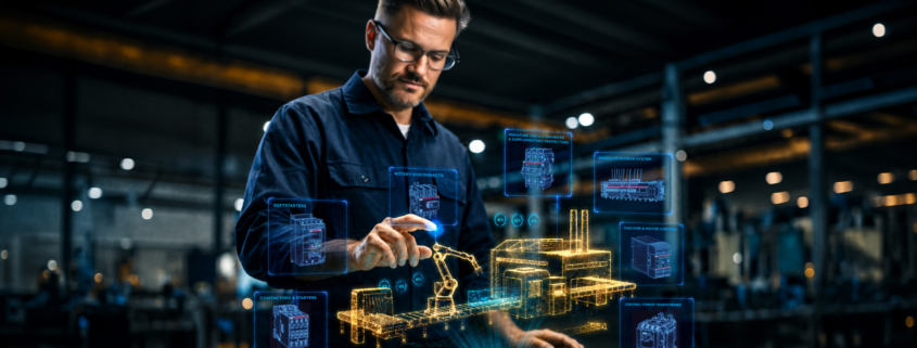 Engineer reviewing AR interface displaying control panel components including contactors, breakers, and busbar systems.