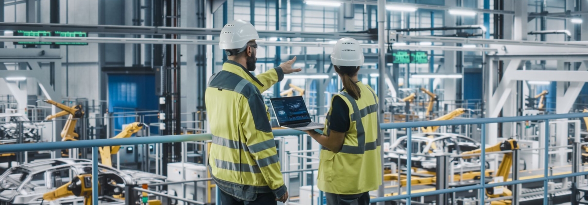 Two engineers in hard hats and safety vests, one holding a laptop, look out over a robotic assembly line.